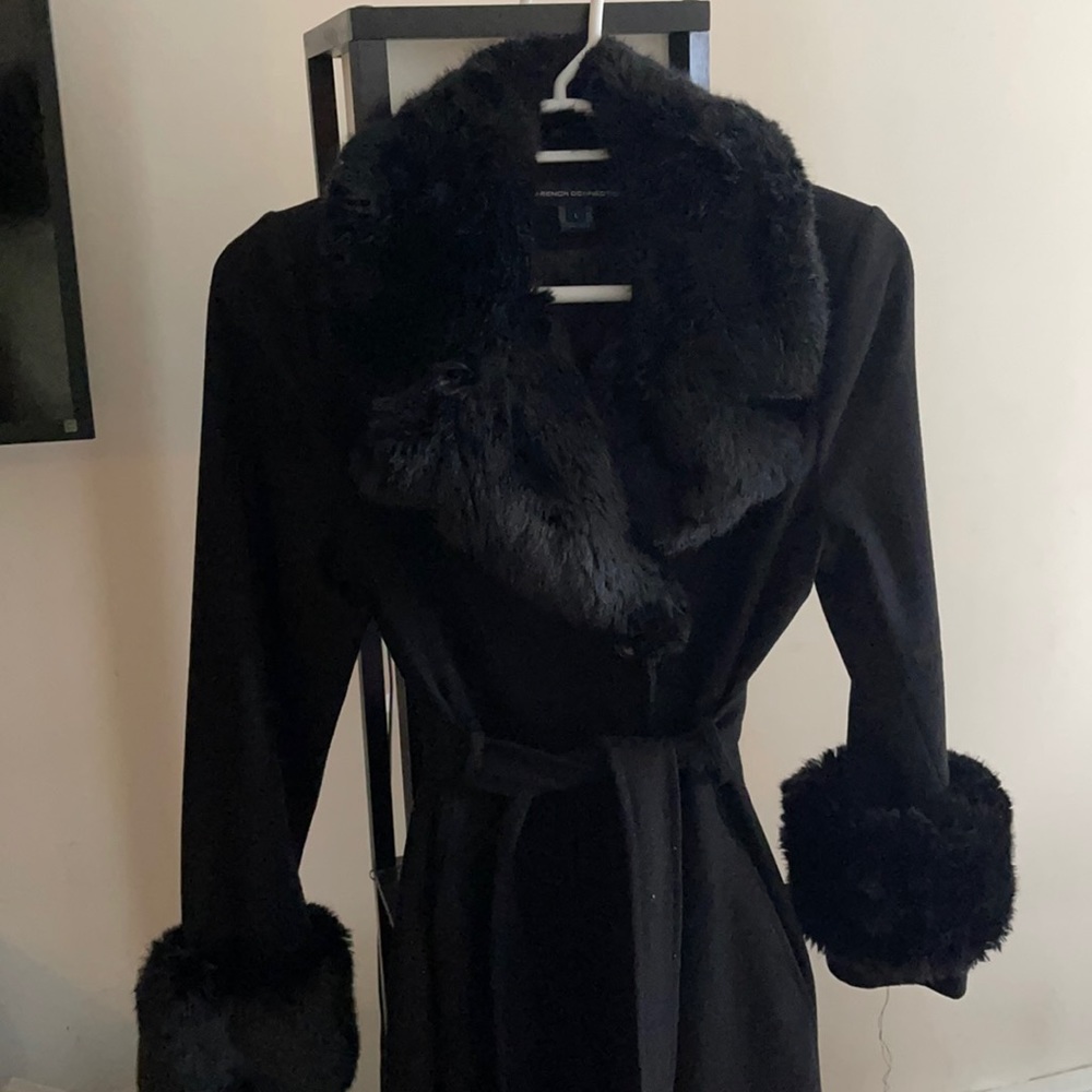 French Connection black faux fur color coat